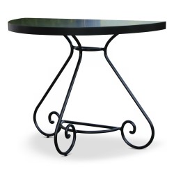 Half-moon table, black iron top and wrought iron base.