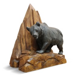 Resin sculpture \"bear and mountain\" on a fir wood base.