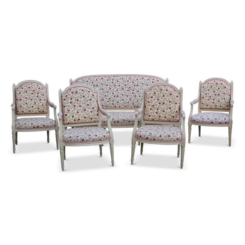 Louis XVI style drawing room, gendarme s hat covered in \"Braguenié\" fabric in beech wood - Moinat - Ensembles