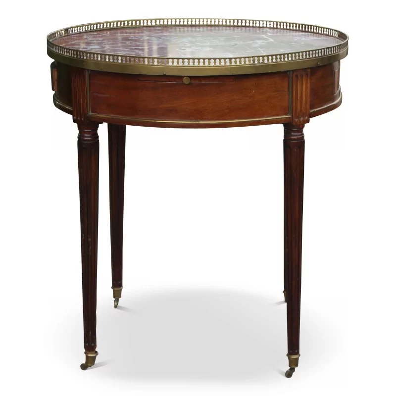 Louis XVI style mahogany table, marble top with satin bronze gallery. - Moinat - End tables, Bouillotte tables, Bedside tables, Pedestal tables
