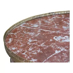 Louis XVI style mahogany table, marble top with satin bronze gallery.