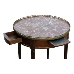 Louis XVI style mahogany table, marble top with satin bronze gallery.