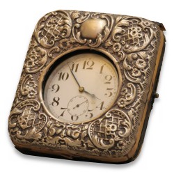 \"Onion\" pocket watch with its silver travel case.