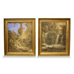 Paire d aquarelles "Scènes de campagne Bâloise avec cascades" signé Peter Birmann