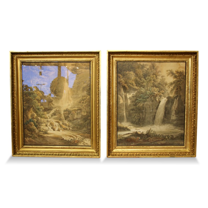 Paire d aquarelles "Scènes de campagne Bâloise avec cascades" signé Peter Birmann - Moinat - Tableaux - Paysage