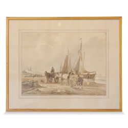 Painting \"Seaside Boat\" signed Hendrik van de Sande Bakhuyzen (1795 - 1860).