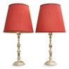 Pair of "Torch" lamps in silvered bronze with red silky lampshades. - Moinat - Table lamps