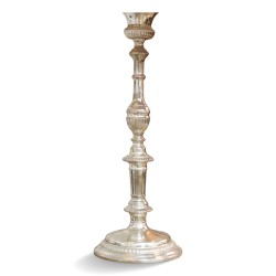 Pair of "Torch" lamps in silvered bronze with red silky lampshades.