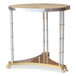 Guéridon en bronze doré et argenté, plateau marbre crème. Vers 1970. Paris.