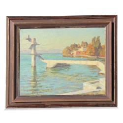 Huile sur bois "Le plongeoir et la forêt" de Paul - Emile Wyss (1888 - 1987).