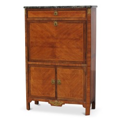 Secrétaire Louis XVI en bois de rose marqueté signé, plateau marbre.