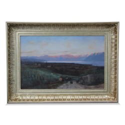 Tableau "Vignobles de Lavaux sur le lac Léman" signé Nathanaël Lemaître (1810-1884).