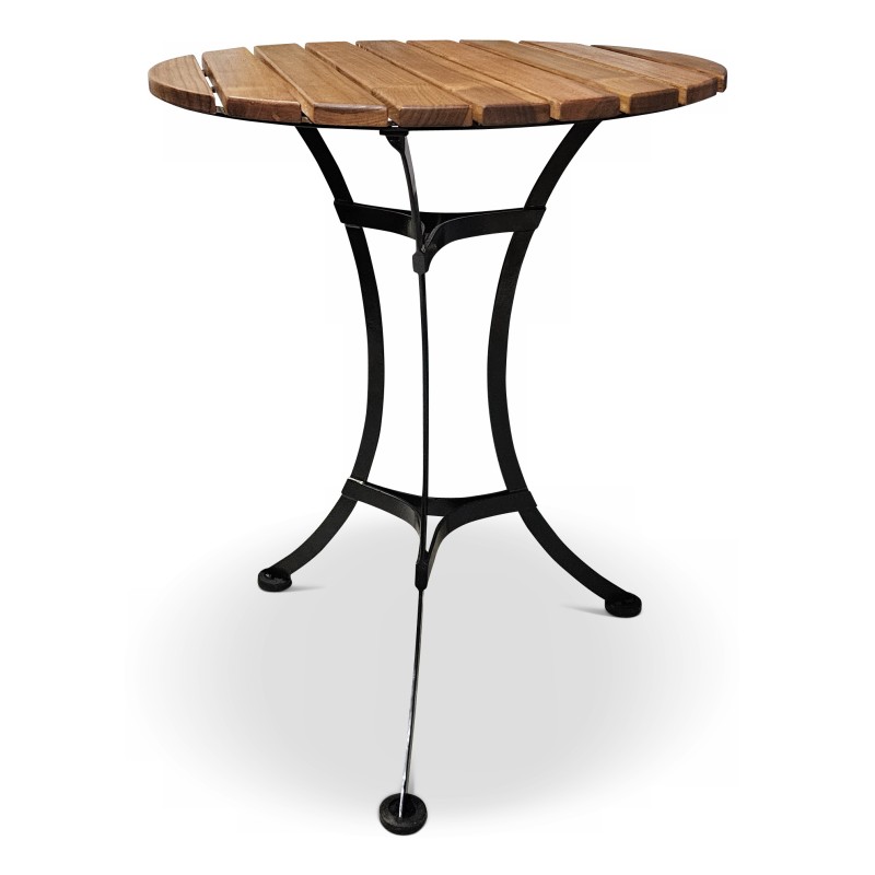 Round garden table with black metal base and teak top. - Moinat - Tables Round garden table with black metal base and teak top. - Moinat - Tables