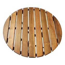 圆形花园桌，黑色金属底座，柚木桌面。