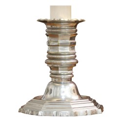 Lampe bougeoir en bronze argenté, abat-jour en tissu coloris jaune crème.