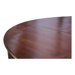 Canapé en noyer "Biedermeier", recouvert d un tissu bleu et beige.