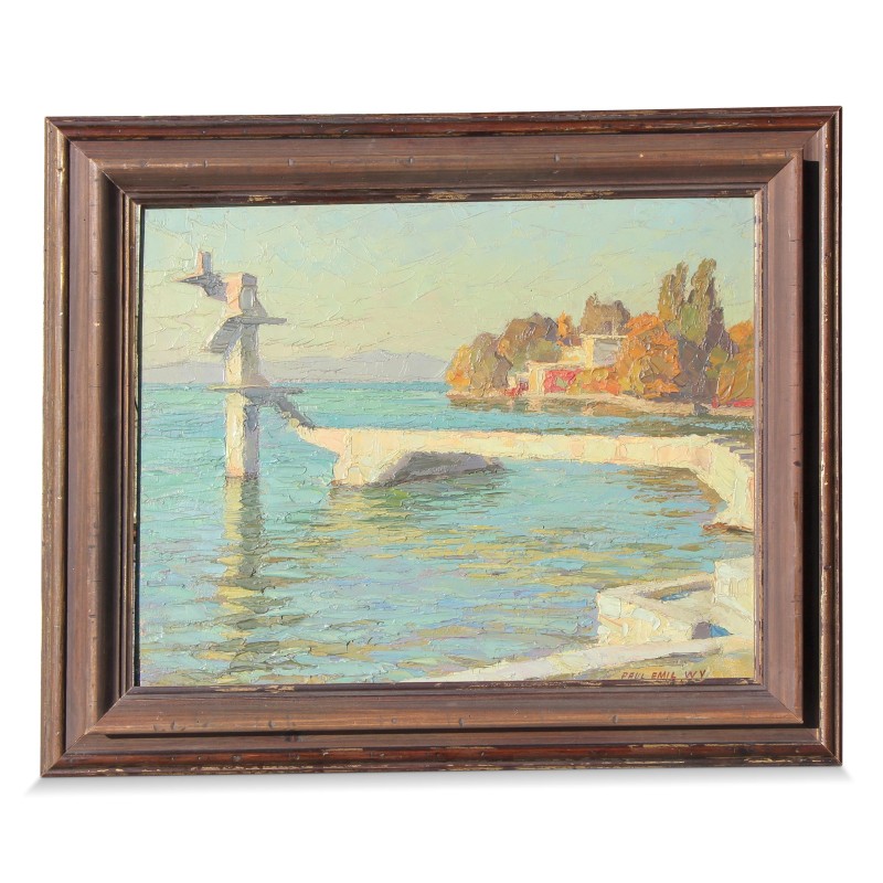 Huile sur bois "Le plongeoir et la forêt" de Paul - Emile Wyss (1888 - 1987). - Moinat - Painting - Portrait