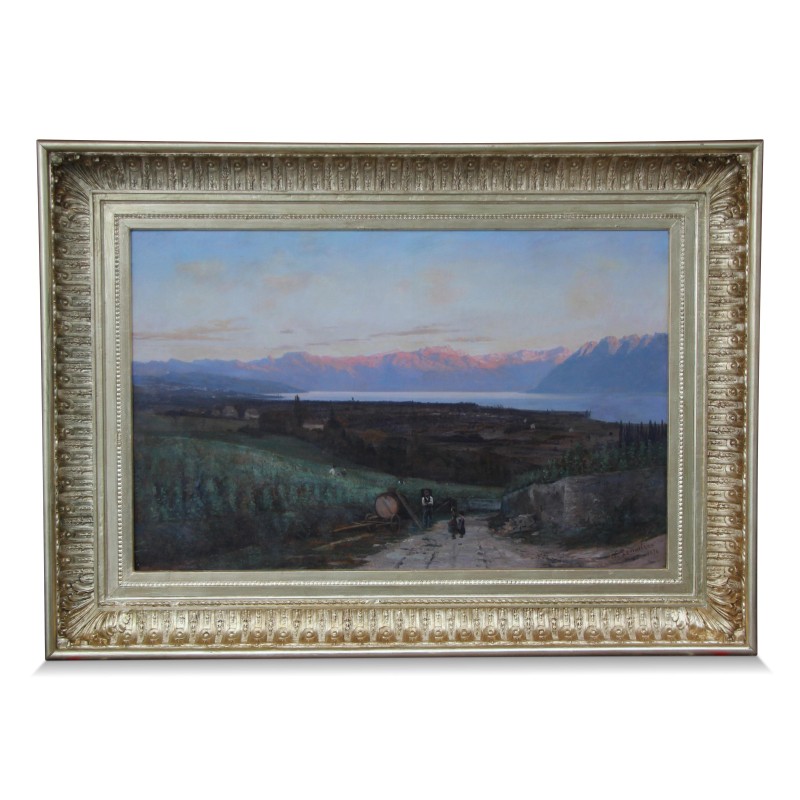 Tableau "Vignobles de Lavaux sur le lac Léman" signé Nathanaël Lemaître (1810-1884). - Moinat - Tableaux - Divers