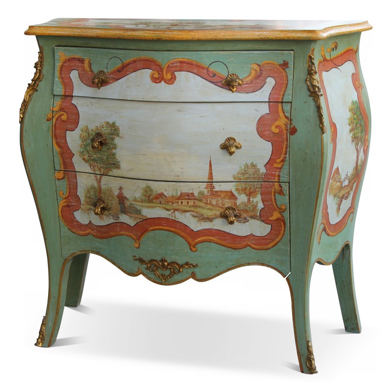 Kommode im Louis XV-Stil mit 3 Schubladen aus grün lackiertem Holz mit … - Moinat - Kommoden, Schubladenstöcke, Semainer