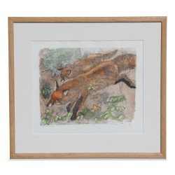 Tableau "Renard en balade" signé Robert Hainard (1906-1999). Suisse.