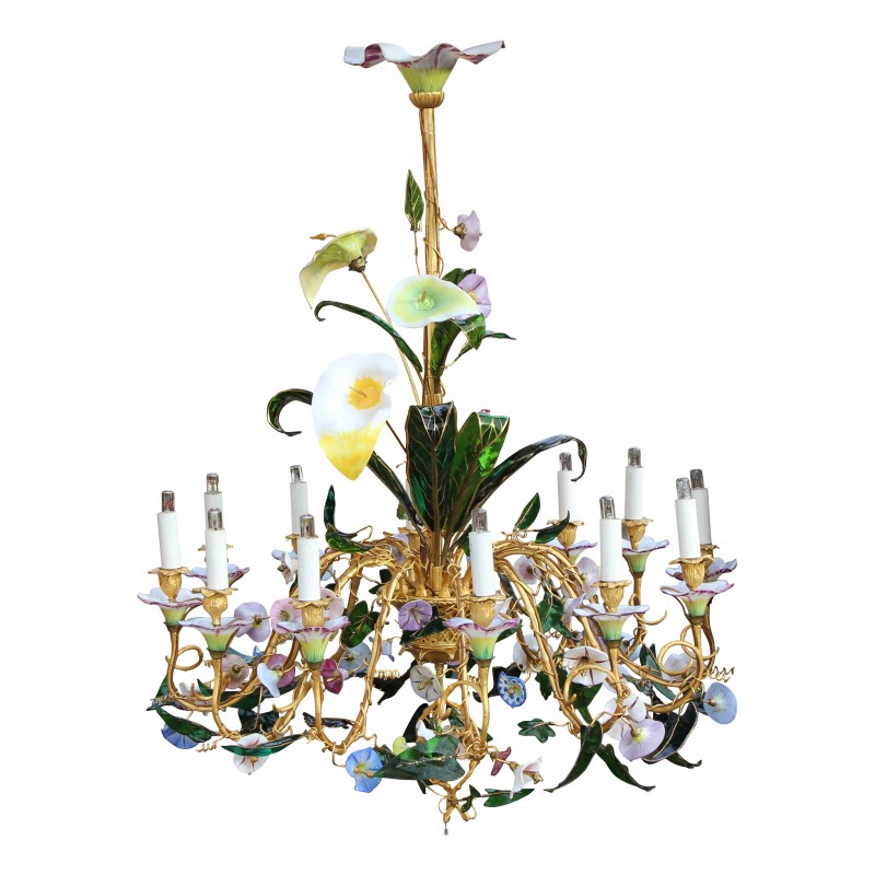 Lustre "Baguès à Paris" en bronze doré ciselé et décor en porcelaine et verre - Moinat - 吊灯, 吸顶灯