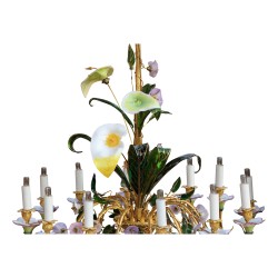 Lustre "Baguès à Paris" en bronze doré ciselé et décor en porcelaine et verre