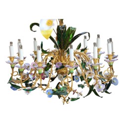 Lustre "Baguès à Paris" en bronze doré ciselé et décor en porcelaine et verre
