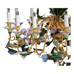 Lustre "Baguès à Paris" en bronze doré ciselé et décor en porcelaine et verre