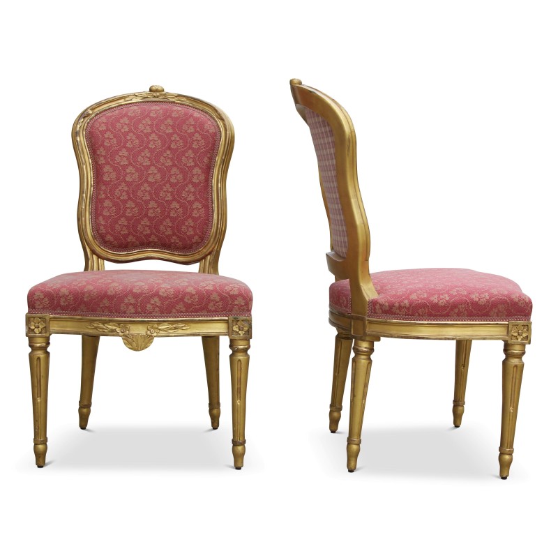 Paire de chaises Louis XVI "Pelle de bêche" en hêtre bois doré, recouvert d un tissu rose - Moinat - Chaises