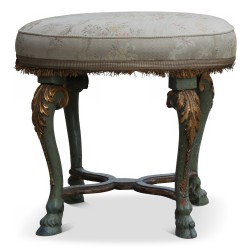 Tabouret Louis XV avec entretoise en hêtre laqué polychrome, recouvert de lampas