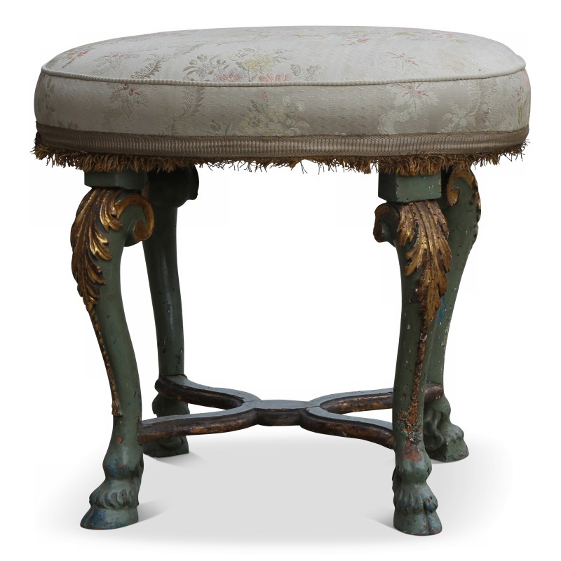 Tabouret Louis XV avec entretoise en hêtre laqué polychrome, recouvert de lampas - Moinat - Tabourets, Banquettes, Poufs
