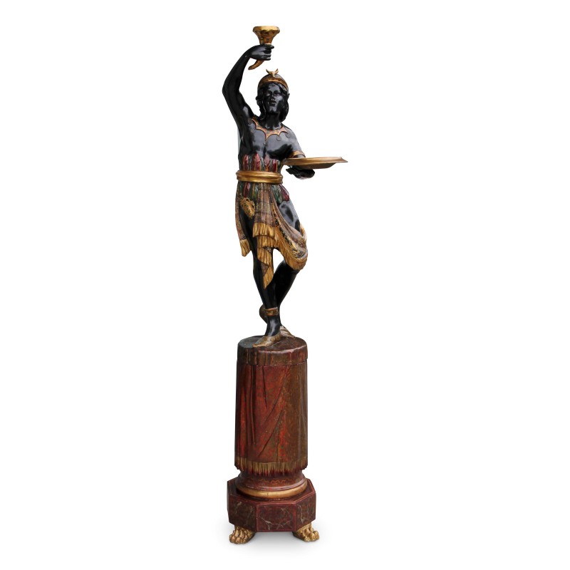 Nubien "Porte-torchère" Vénitien polychrome et or richement sculpté reposant sur un socle - Moinat - Accessoires de décoration