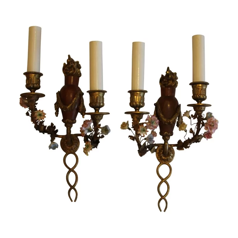 对路易十六壁灯，带 2 盏青铜和木头灯 - Moinat - 灯