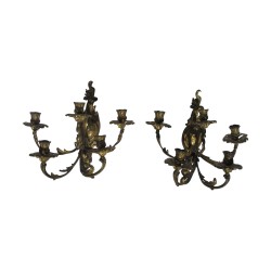 Paire d applique Louis XV à 5 feux, en bronze doré. France,