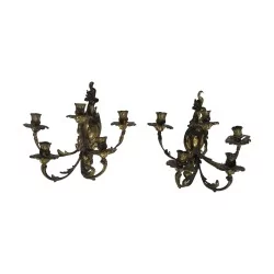 Pair of Louis XV wall lamps with 5 lights, in gilded bronze. France, …