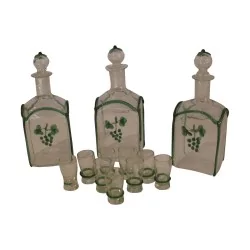 3 Carafes with “Raisin” decoration and 9 glasses. 19th century.