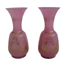 Pair of pink opaline vases, with gold decoration “Aux …