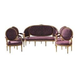 Salon Louis XVI en bois doré avec 1 canapé et 4 fauteuils
