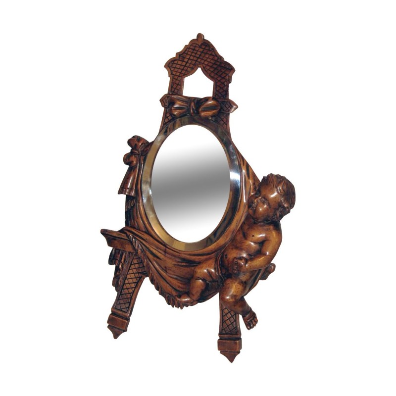 Psyché en bois sculpté et patiné, avec enfant sculpté. 19ème - Moinat - Glaces, Miroirs