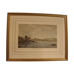 Engraving under glass, view of the city of Geneva, with frame …