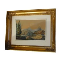 Gouache under glass, landscape with mountain \"Bernese Oberland\",