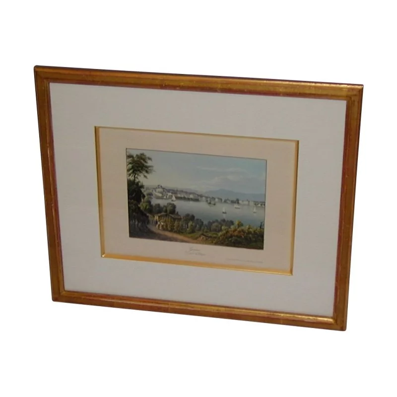 Lithographie sous verre "Vue de Cologny" avec baguette en bois - Moinat - BrocnRoll