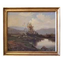 Картина, масло по дереву «Горный пейзаж на опушке …