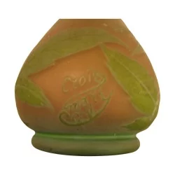 个装饰艺术风格的花瓶，采用橙红色和绿色玻璃膏制成，签名为……