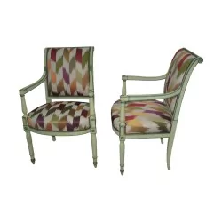 Pair of Directoire armchairs in painted wood with green thread