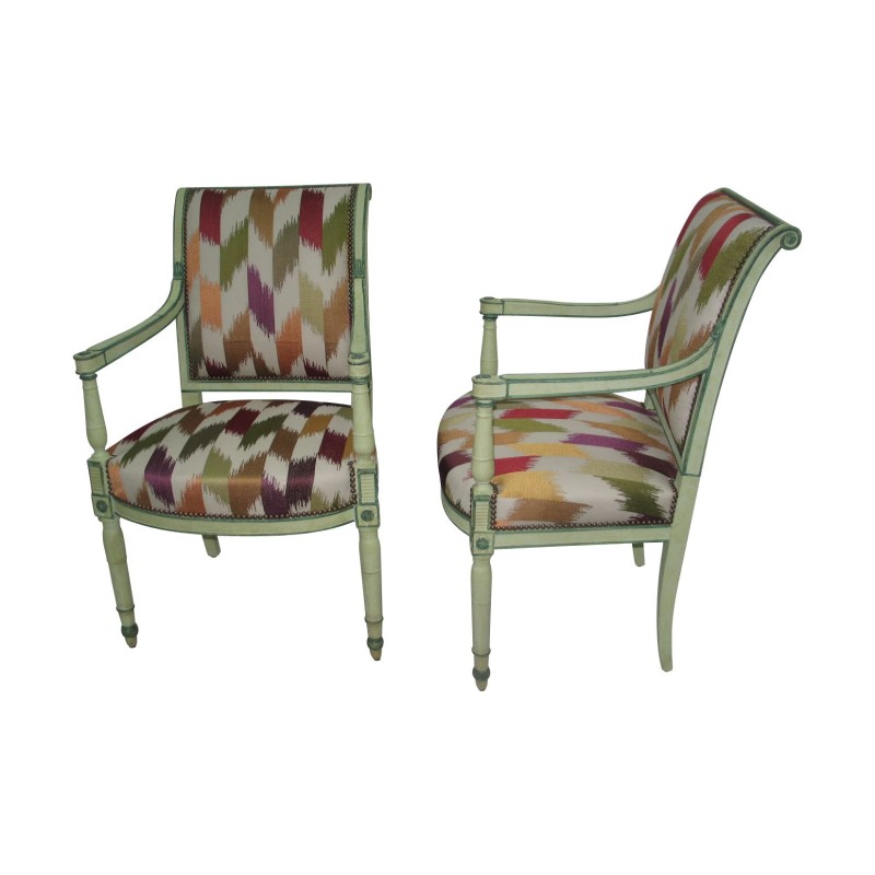 Pair of Directoire armchairs in painted wood with green thread - Moinat - Armchairs Pair of Directoire armchairs in painted wood with green thread - Moinat - Armchairs