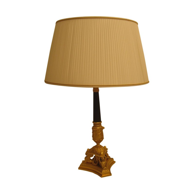 chiseled bronze lamp with pleated taffeta shade. - Moinat - Table lamps chiseled bronze lamp with pleated taffeta shade. - Moinat - Table lamps
