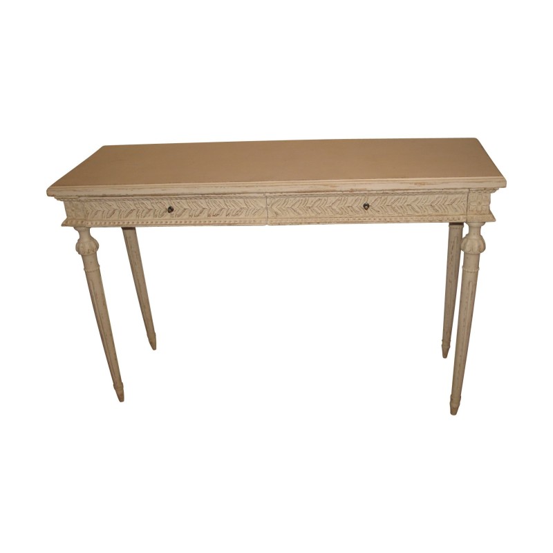 Console avec 2 tiroirs en bois sculpté patiné blanc. - Moinat - Consoles, Dessertes, Dos de canapé Console avec 2 tiroirs en bois sculpté patiné blanc. - Moinat - Consoles, Dessertes, Dos de canapé
