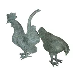 rooster and 1 hen in patinated bronze.