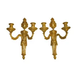 Pair of Louis XVI 2-light sconces in chiseled and gilt bronze, …